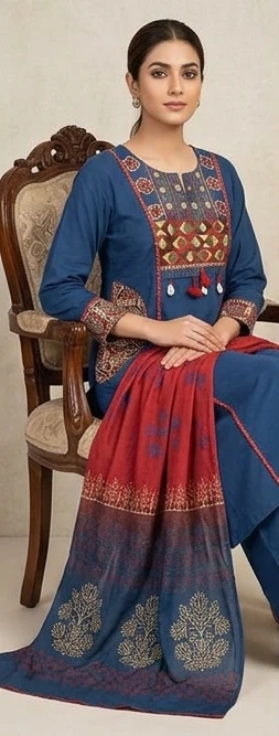 Fancy neck yoke Sindhi emb cotton suit with Dupatta
