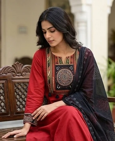 Fancy neck yoke/emb cotton suit with Dupatta