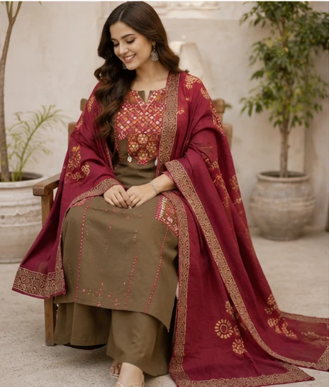 Fancy neck yoke mirror emb cotton suit with Dupatta