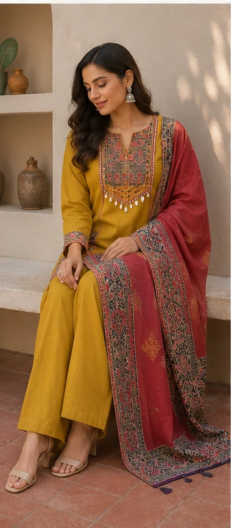 Fancy neck yoke mirror emb cotton suit with Dupatta