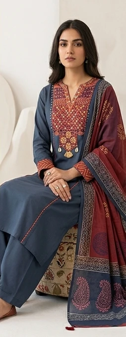 Fancy neck yoke mirror emb cotton suit with Dupatta