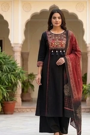 Fancy neck yoke Sindhi emb cotton suit with Dupatta