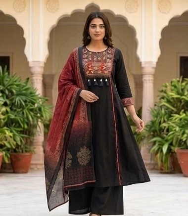 Fancy neck yoke Sindhi emb cotton suit with Dupatta