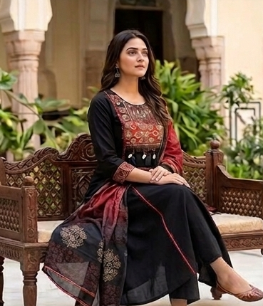 Fancy neck yoke Sindhi emb cotton suit with Dupatta