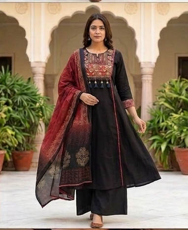 Fancy neck yoke Sindhi emb cotton suit with Dupatta