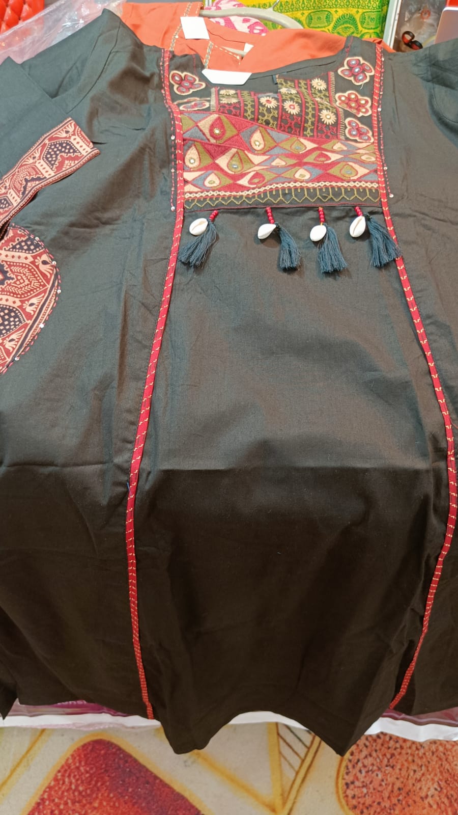 Fancy neck yoke Sindhi emb cotton suit with Dupatta