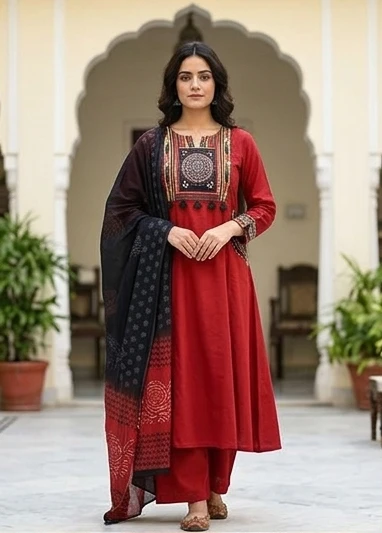 Fancy neck yoke/emb cotton suit with Dupatta
