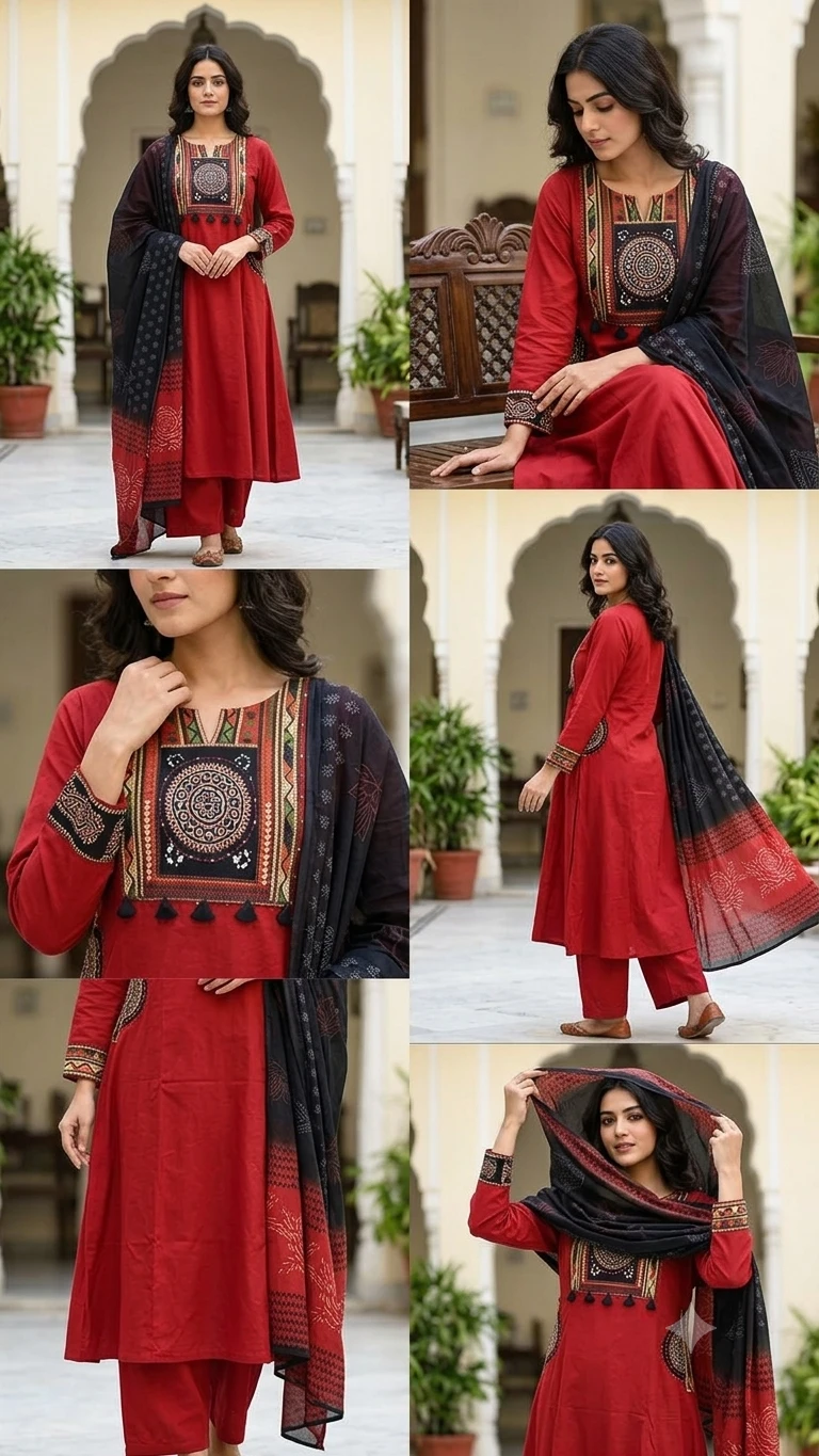 Fancy neck yoke/emb cotton suit with Dupatta