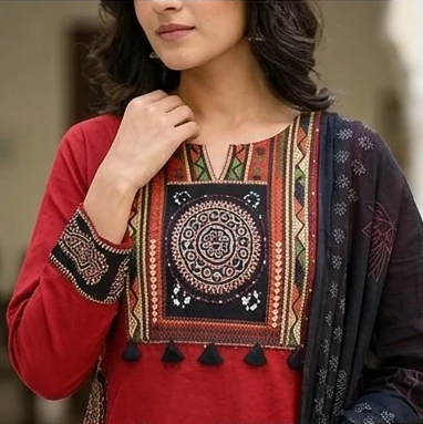 Fancy neck yoke/emb cotton suit with Dupatta