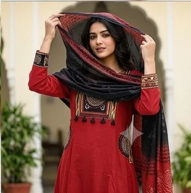 Fancy neck yoke/emb cotton suit with Dupatta