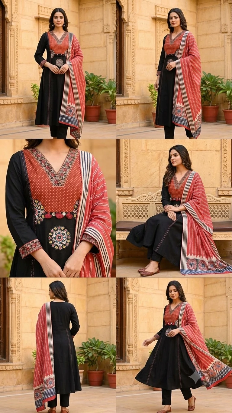 Gurjari print and applique work neck yoke with dupatta