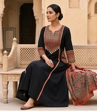 Azrak yoke with embroidery and dupatta