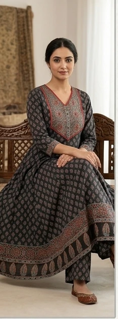Azrak print Kalidar suit with dupatta