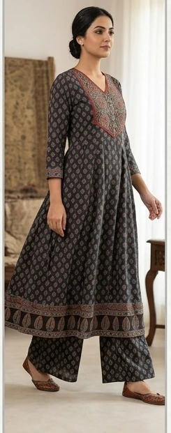 Azrak print Kalidar suit with dupatta