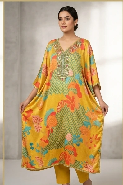 Kaftan set printed with Embroidery on neck
