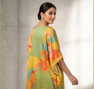 Kaftan set printed with Embroidery on neck