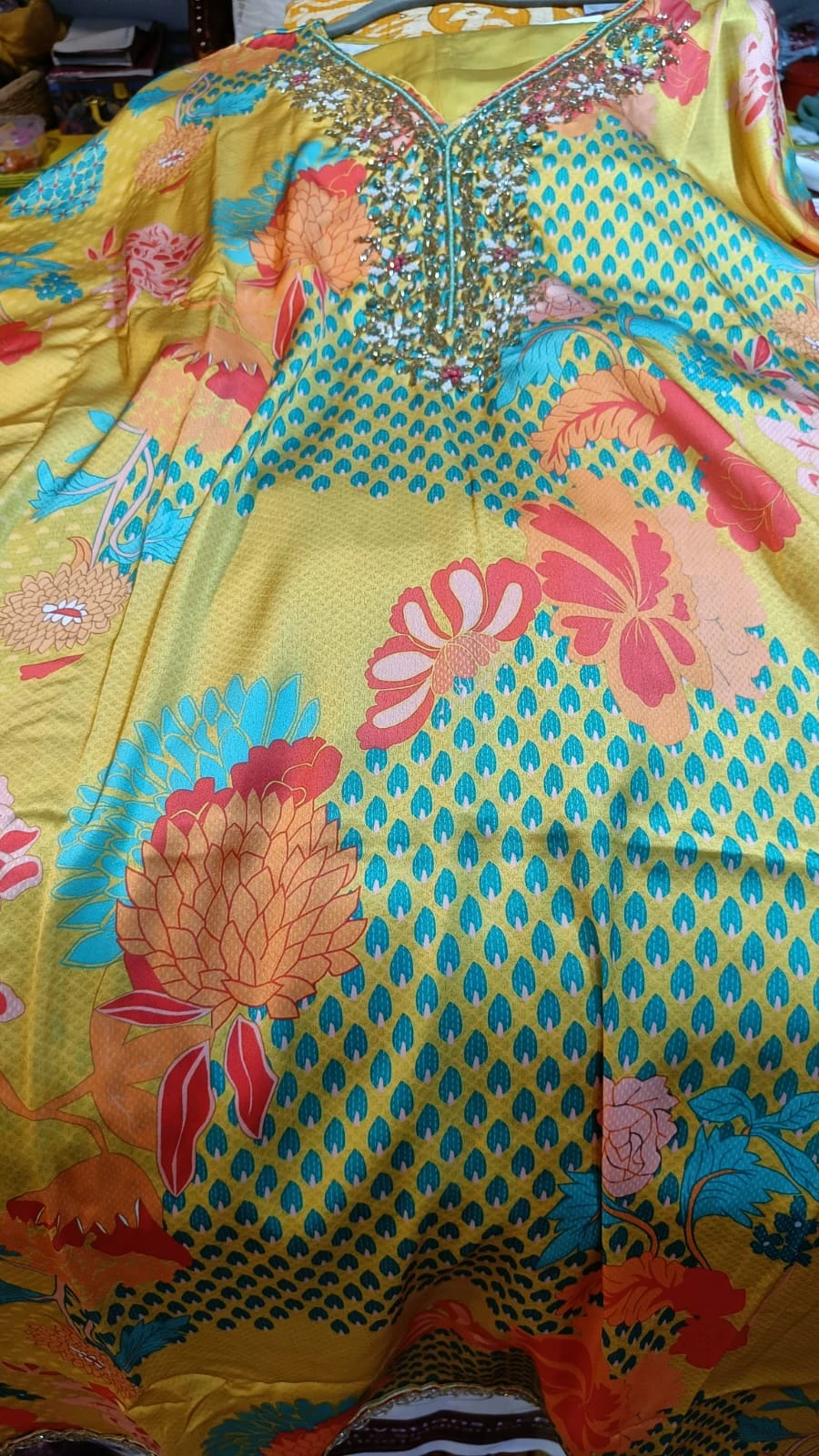 Kaftan set printed with Embroidery on neck
