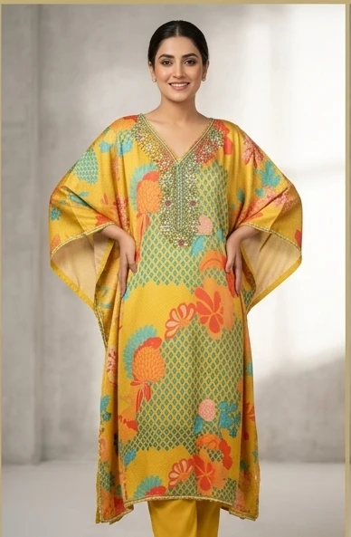 Kaftan set printed with Embroidery on neck