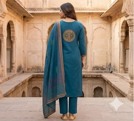 Fancy cotton desiner suit V neck with dupatta