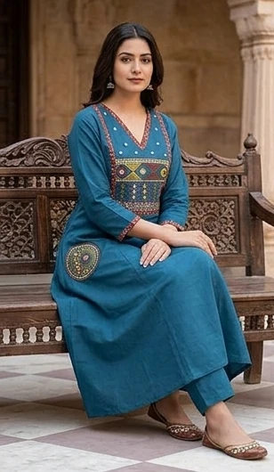 Fancy cotton desiner suit V neck with dupatta