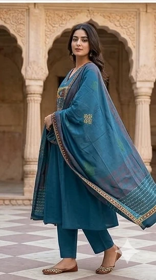 Fancy cotton desiner suit V neck with dupatta
