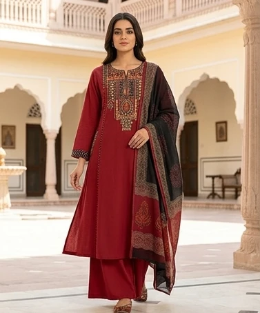 Fancy neck yoke mirror emb cotton suit with Dupatta