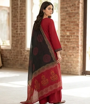 Fancy neck yoke mirror emb cotton suit with Dupatta