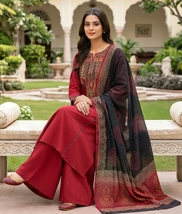 Fancy neck yoke mirror emb cotton suit with Dupatta