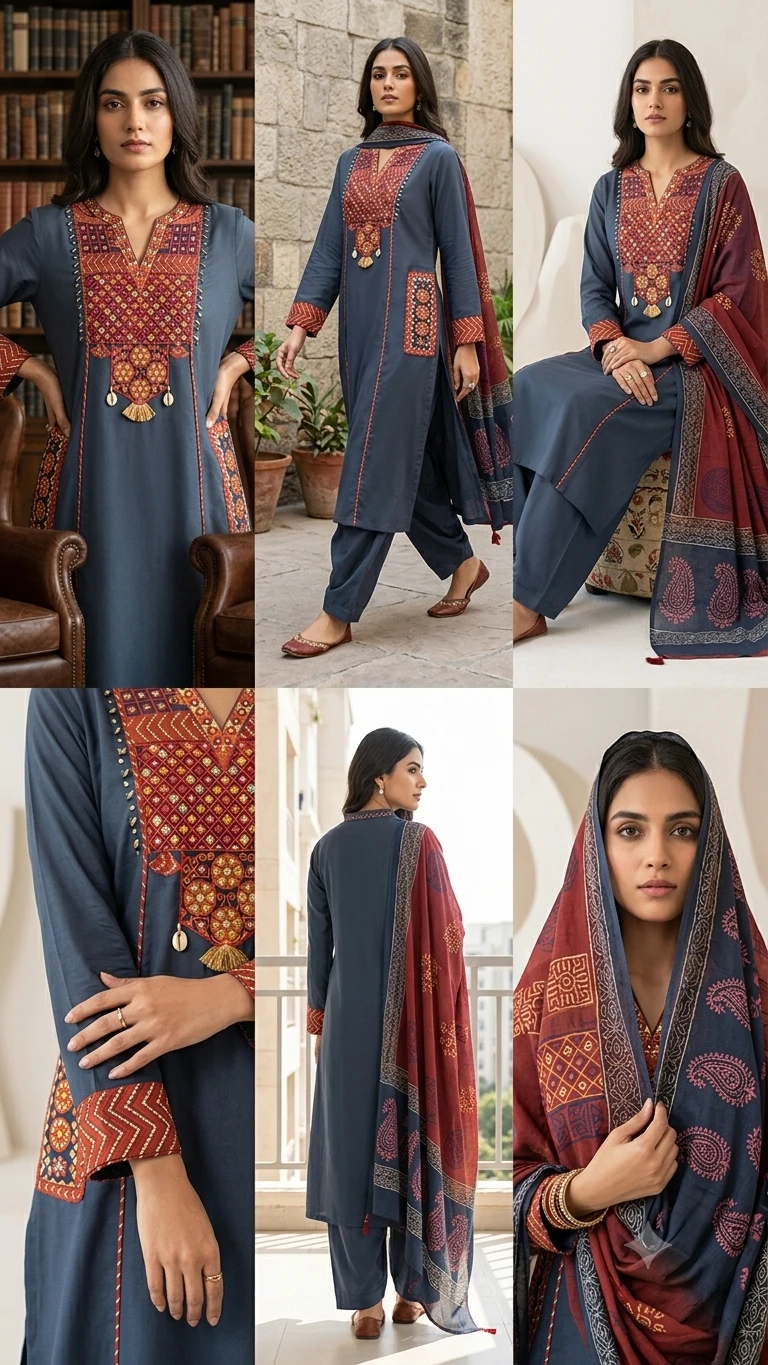 Fancy neck yoke mirror emb cotton suit with Dupatta