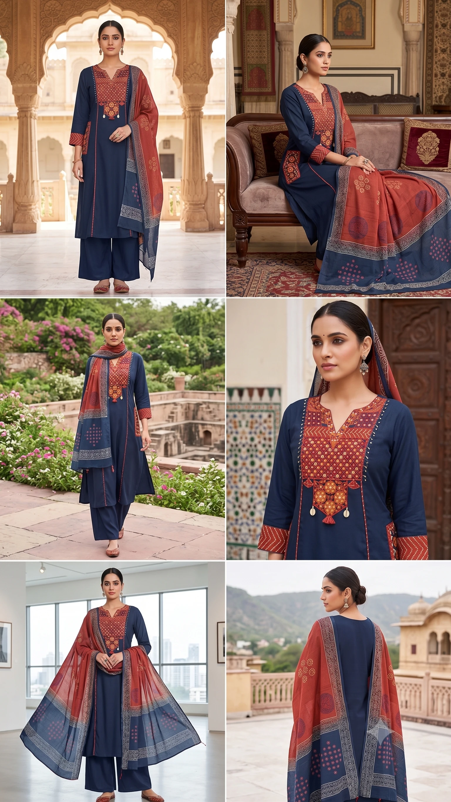 Fancy neck yoke mirror emb cotton suit with Dupatta