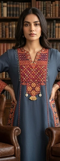 Fancy neck yoke mirror emb cotton suit with Dupatta