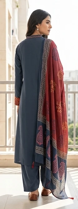 Fancy neck yoke mirror emb cotton suit with Dupatta