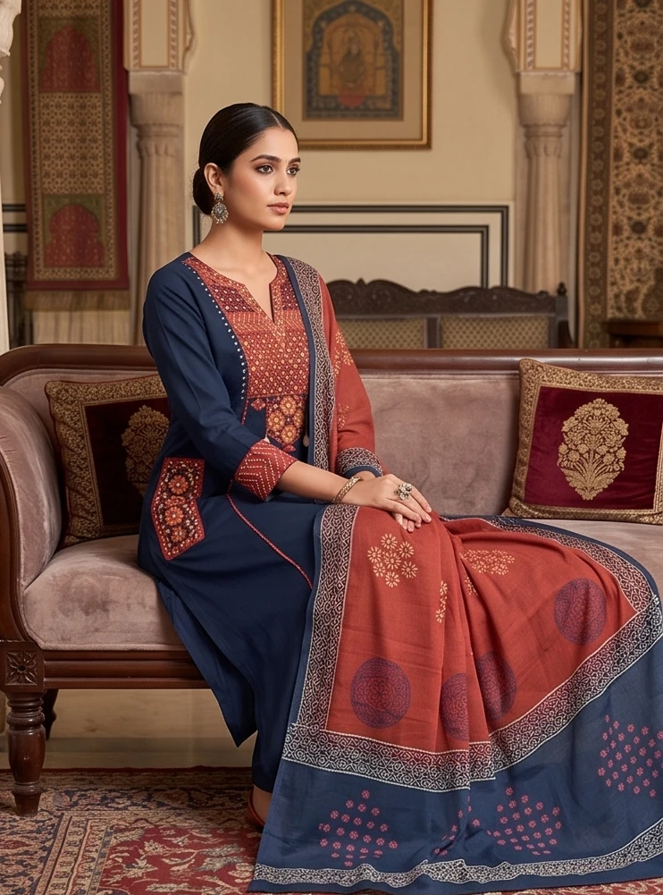 Fancy neck yoke mirror emb cotton suit with Dupatta