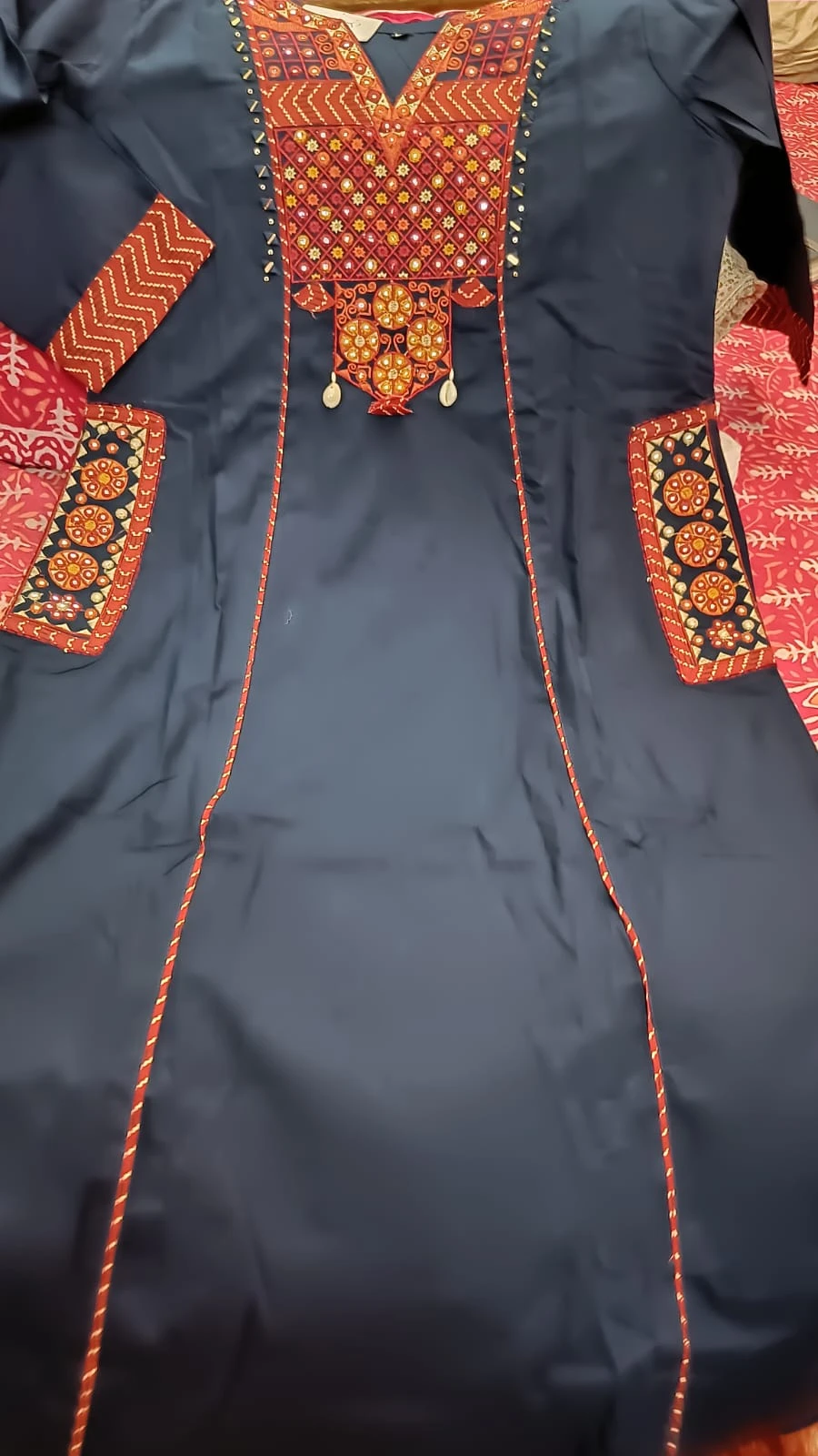 Fancy neck yoke mirror emb cotton suit with Dupatta