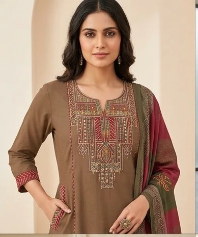 Fancy neck yoke mirror emb cotton suit with Dupatta