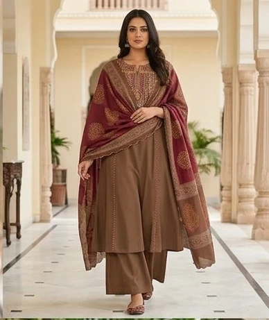 Fancy neck yoke mirror emb cotton suit with Dupatta