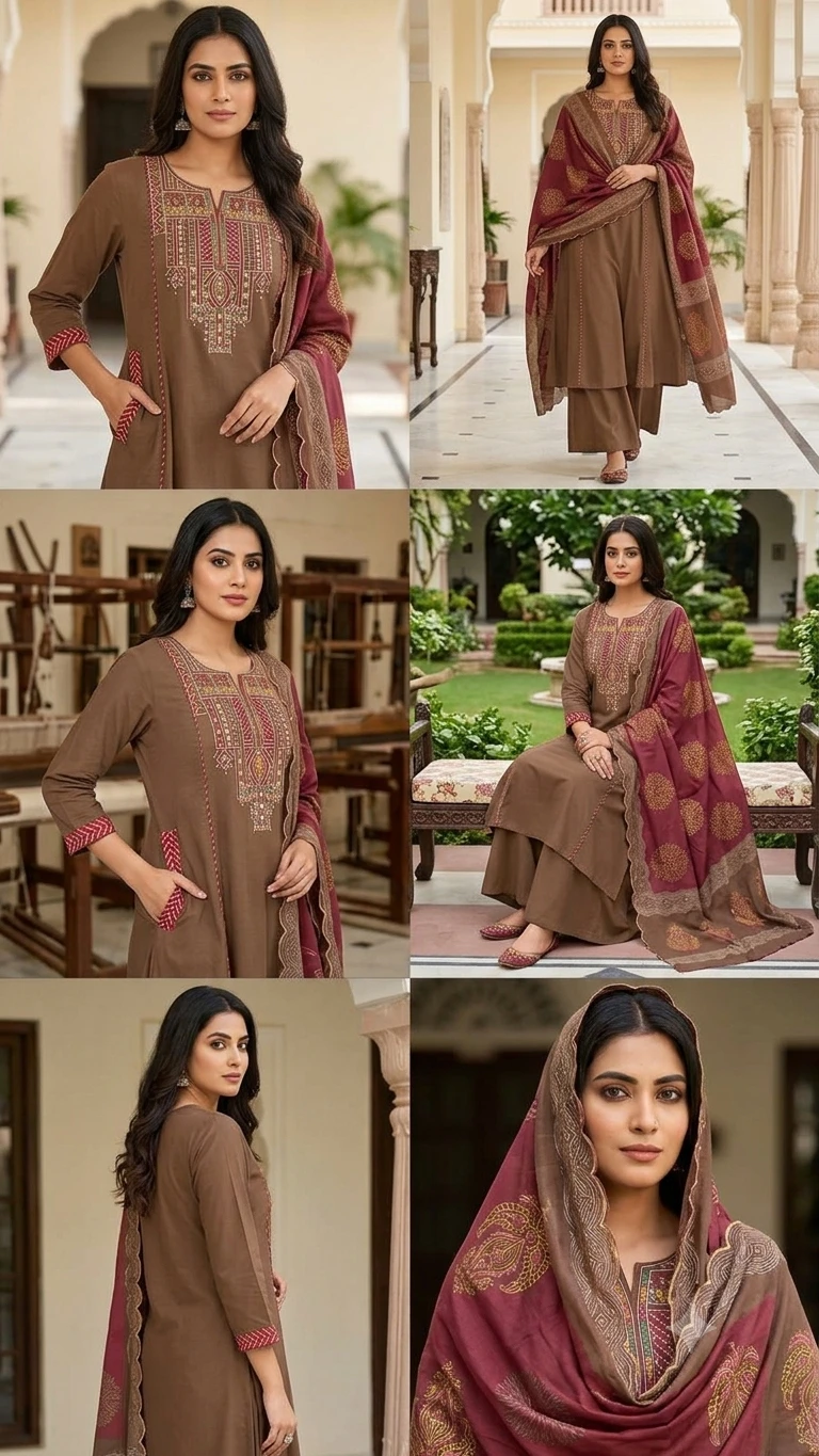 Fancy neck yoke mirror emb cotton suit with Dupatta