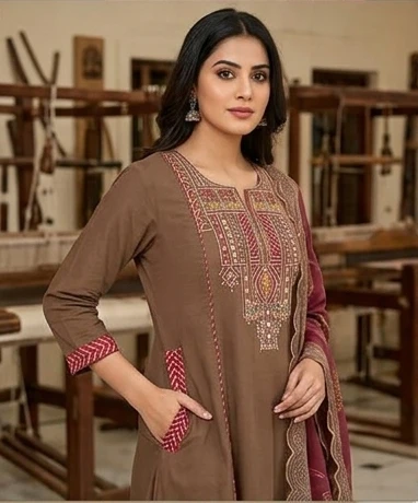 Fancy neck yoke mirror emb cotton suit with Dupatta