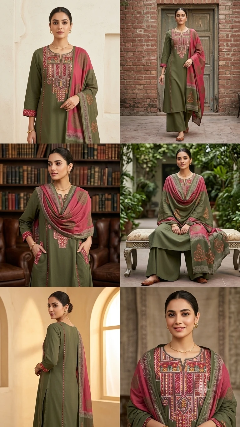 Fancy neck yoke mirror emb cotton suit with Dupatta