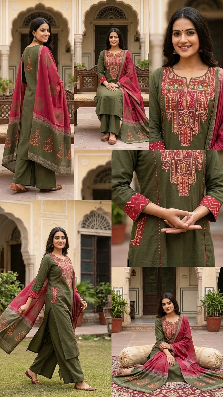 Fancy neck yoke mirror emb cotton suit with Dupatta