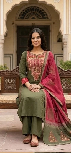 Fancy neck yoke mirror emb cotton suit with Dupatta