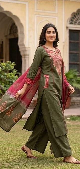Fancy neck yoke mirror emb cotton suit with Dupatta