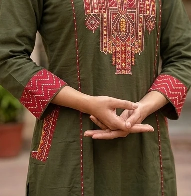 Fancy neck yoke mirror emb cotton suit with Dupatta