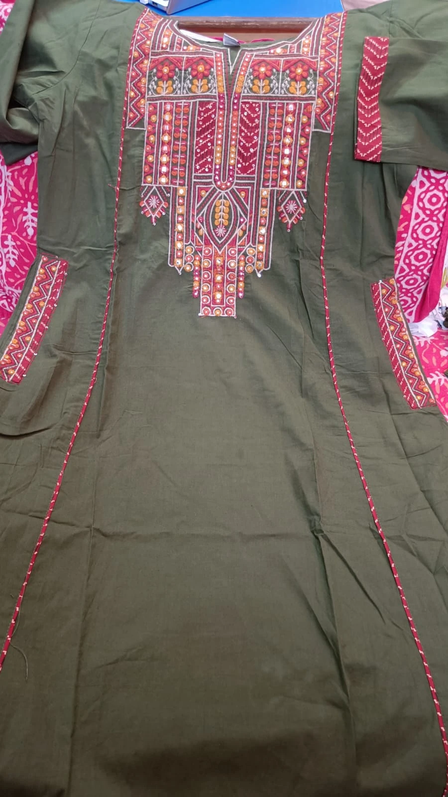 Fancy neck yoke mirror emb cotton suit with Dupatta