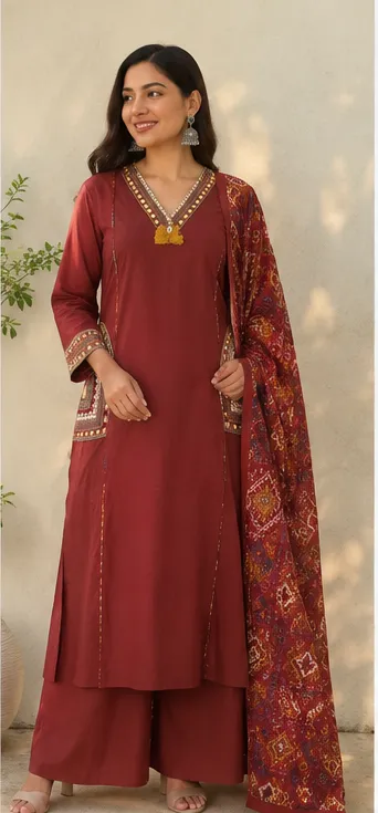 Fancy cotton desiner suit V neck with dupatta