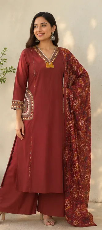 Fancy cotton desiner suit V neck with dupatta