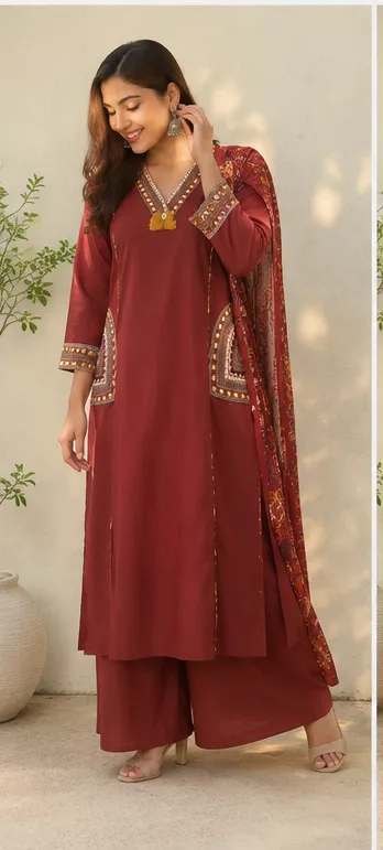 Fancy cotton desiner suit V neck with dupatta